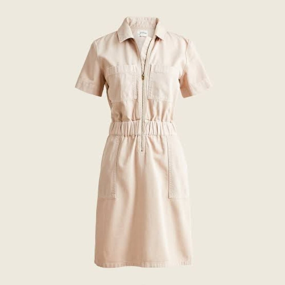 J Crew Womens Margaret Zip Front Chino Dress Pink Pockets Preppy Cinch Waist 14